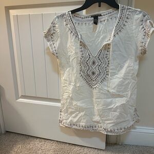 Lucky Brand White Embroidered V-Neck Peasant Blouse